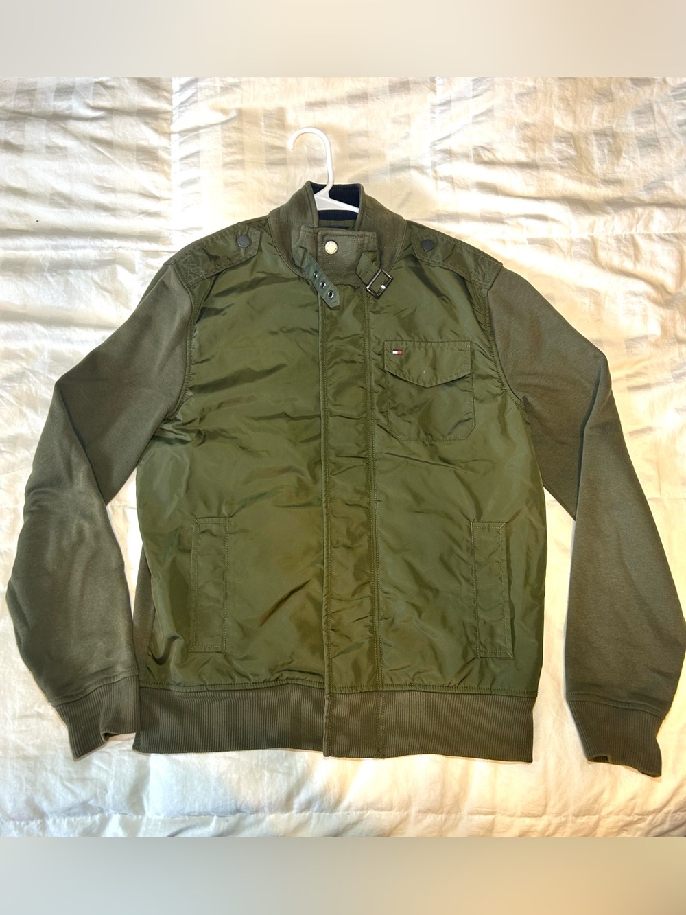 Tommy Hilfiger Olive Green Military Utilitarian Bomber Jacket Sz M